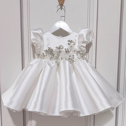 White Satin Flower Girl Dress with Beaded Floral Accents