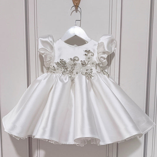White Satin Flower Girl Dress with Beaded Floral Accents