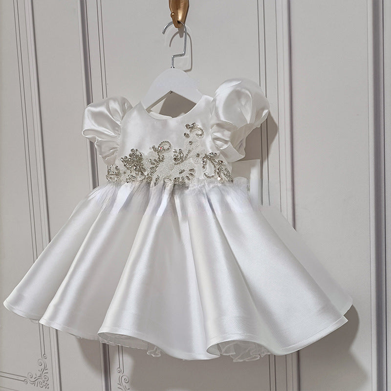 White Satin Flower Girl Dress with Beaded Floral Accents