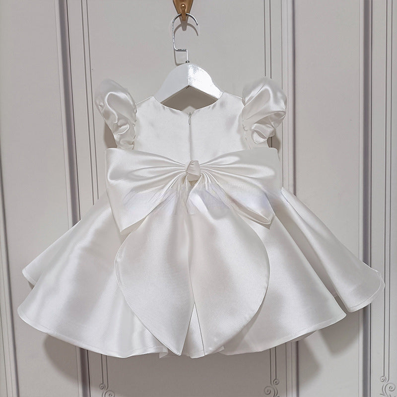 White Satin Flower Girl Dress with Beaded Floral Accents