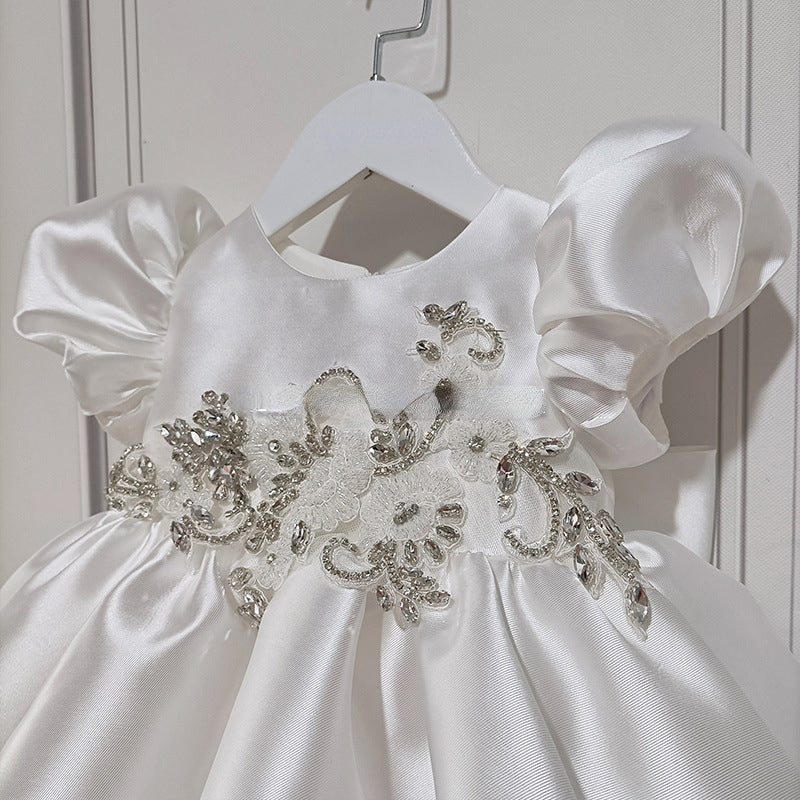 White Satin Flower Girl Dress with Beaded Floral Accents