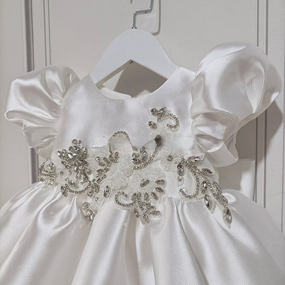 White Satin Flower Girl Dress with Beaded Floral Accents