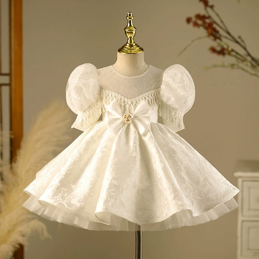 White Satin Lace Flower Girl Dress with Beading & Puff Sleeves