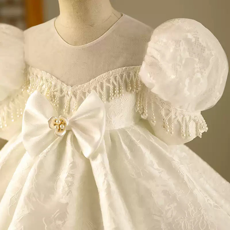 White Satin Lace Flower Girl Dress with Beading & Puff Sleeves