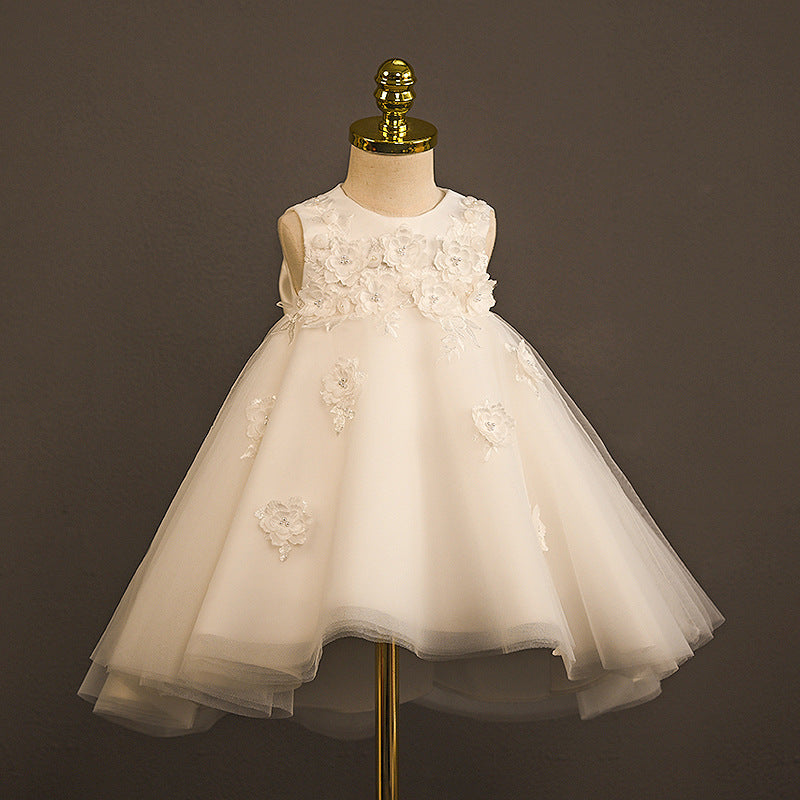 White Satin Lace Flower Girl Dress with Floral Embellishments