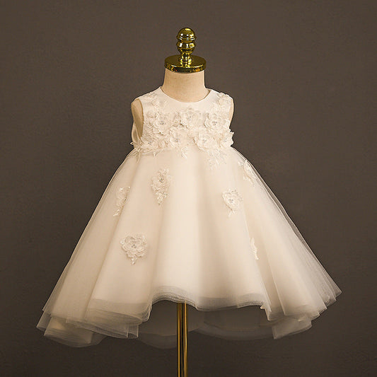 White Satin Lace Flower Girl Dress with Floral Embellishments