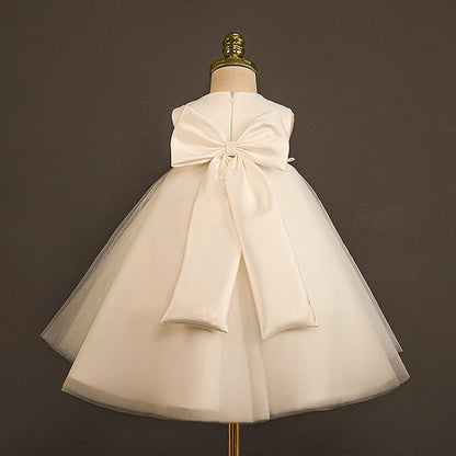 White Satin Lace Flower Girl Dress with Floral Embellishments
