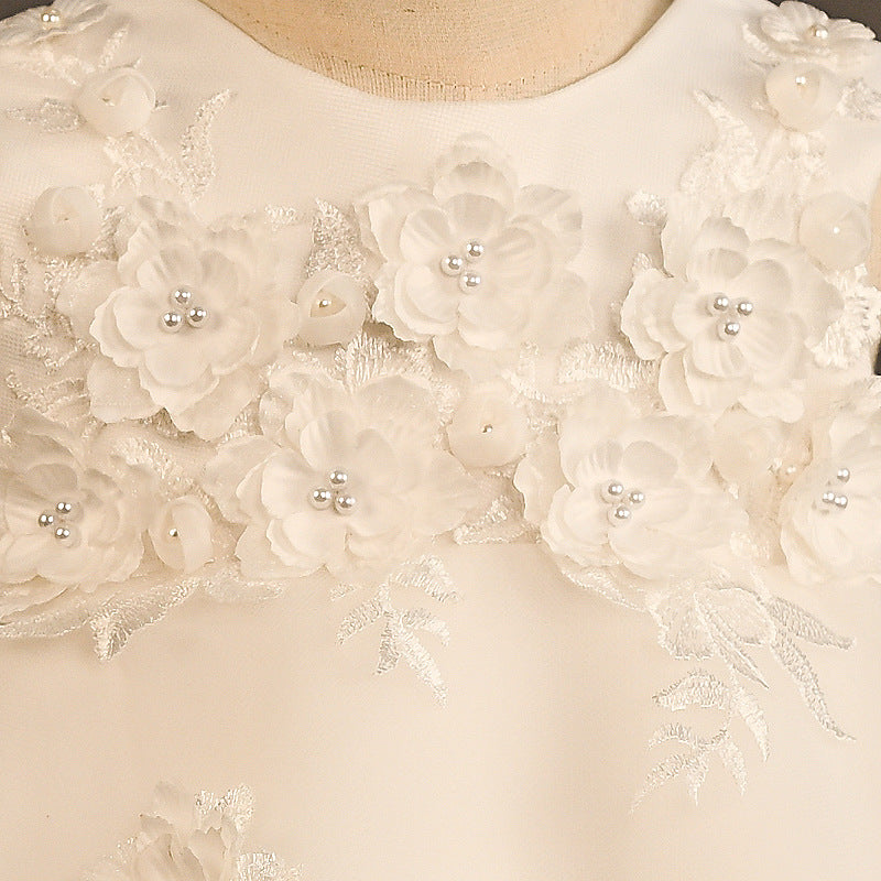 White Satin Lace Flower Girl Dress with Floral Embellishments