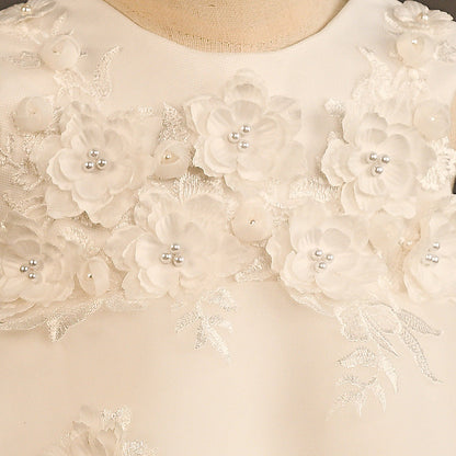 White Satin Lace Flower Girl Dress with Floral Embellishments