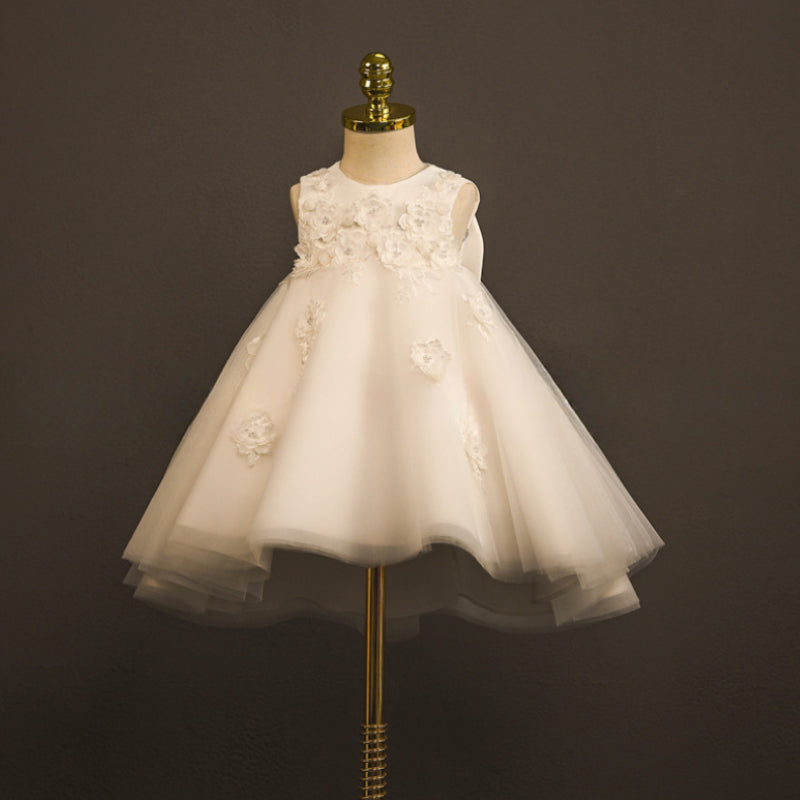 White Satin Lace Flower Girl Dress with Floral Embellishments
