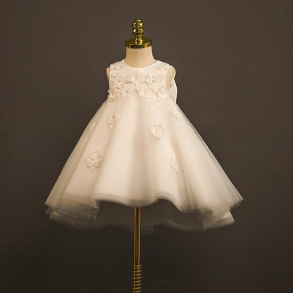 White Satin Lace Flower Girl Dress with Floral Embellishments