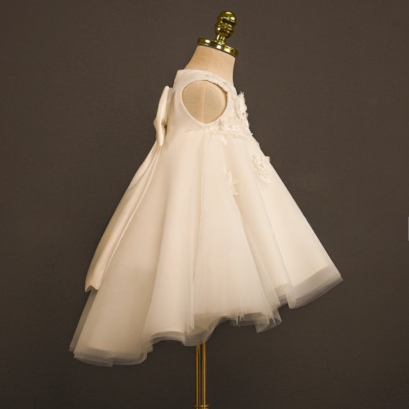 White Satin Lace Flower Girl Dress with Floral Embellishments