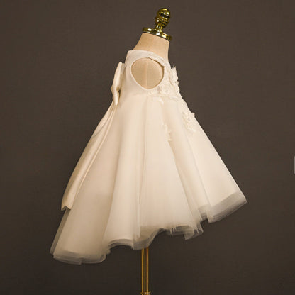 White Satin Lace Flower Girl Dress with Floral Embellishments