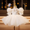 White Satin Organza Princess Flower Girl Dress Beaded Puff Sleeve
