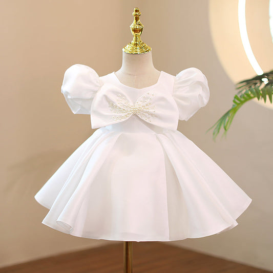 White Satin Princess Dress | Beaded Bow Puff Sleeves