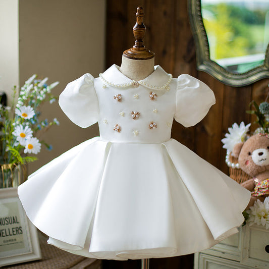 White Satin Princess Dress | Beaded Collar Puff Sleeves