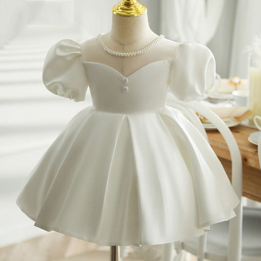 White Satin Princess Dress | Bows & Ruffles Puff Sleeve