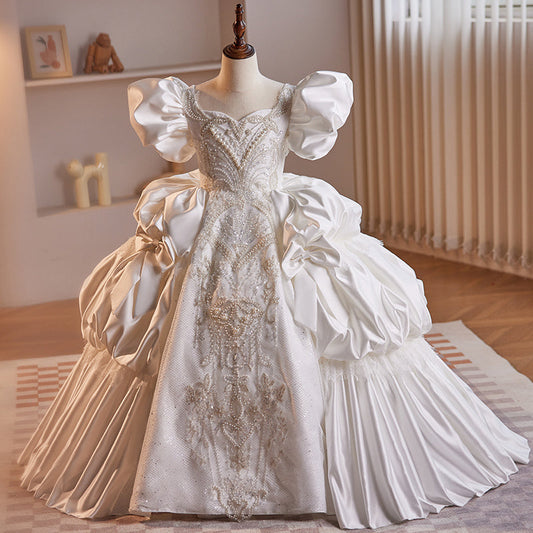 White Satin V-Neck Princess Dress for Girls – Beaded Tiered Flower Girl & Birthday Gown