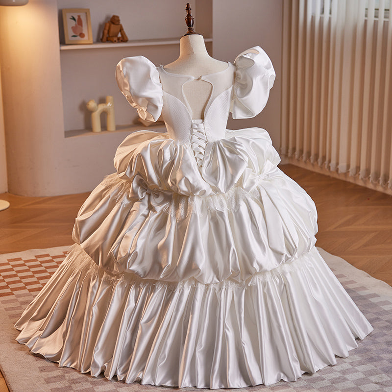 White Satin V-Neck Princess Dress for Girls – Beaded Tiered Flower Girl & Birthday Gown