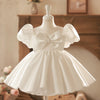 White Satin Princess Dress with Bows and Puff Sleeves for Girls