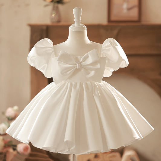White Satin Princess Dress for Girls | Puff Sleeves, Bows, Knee Length