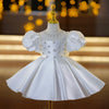 White Satin Princess Flower Girl Dress - Beaded Puff Sleeves