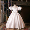 White Satin Princess Flower Girl Dress Bow Boat Neck Floor