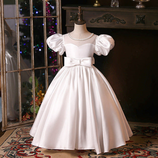 White Satin Princess Flower Girl Dress Bow Boat Neck Floor