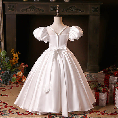 White Satin Princess Flower Girl Dress Bow Boat Neck Floor
