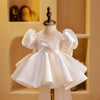White Satin Princess Flower Girl Dress - Puff Sleeves