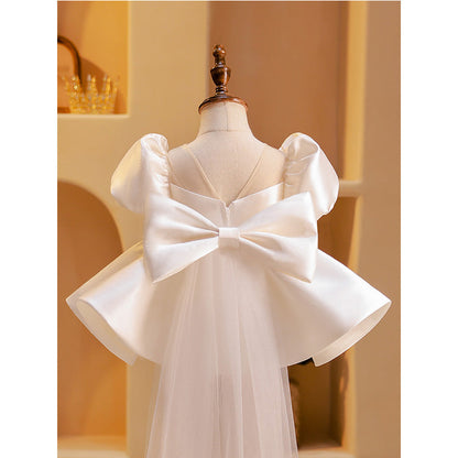 White Satin Princess Flower Girl Dress - Puff Sleeves