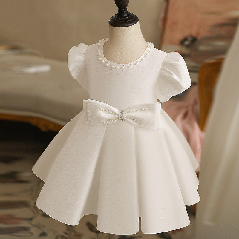 White Satin Princess Flower Girl Dress with Beading and Bow
