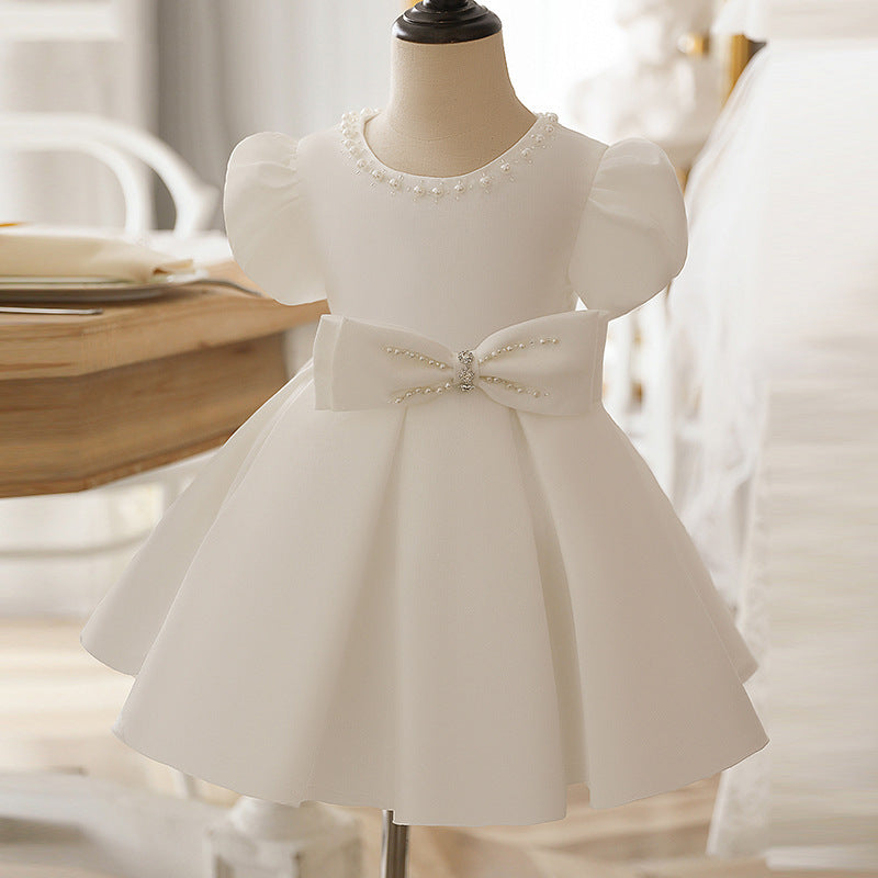 White Satin Princess Flower Girl Dress with Beading and Bow