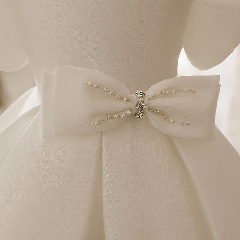 White Satin Princess Flower Girl Dress with Beading and Bow