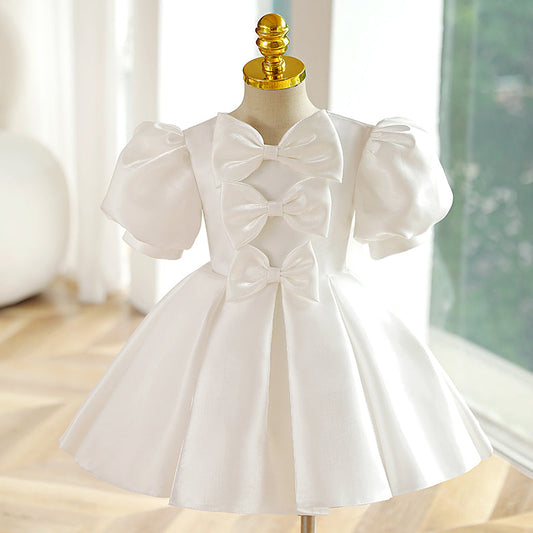 White Satin Princess Flower Girl Dress with Bow