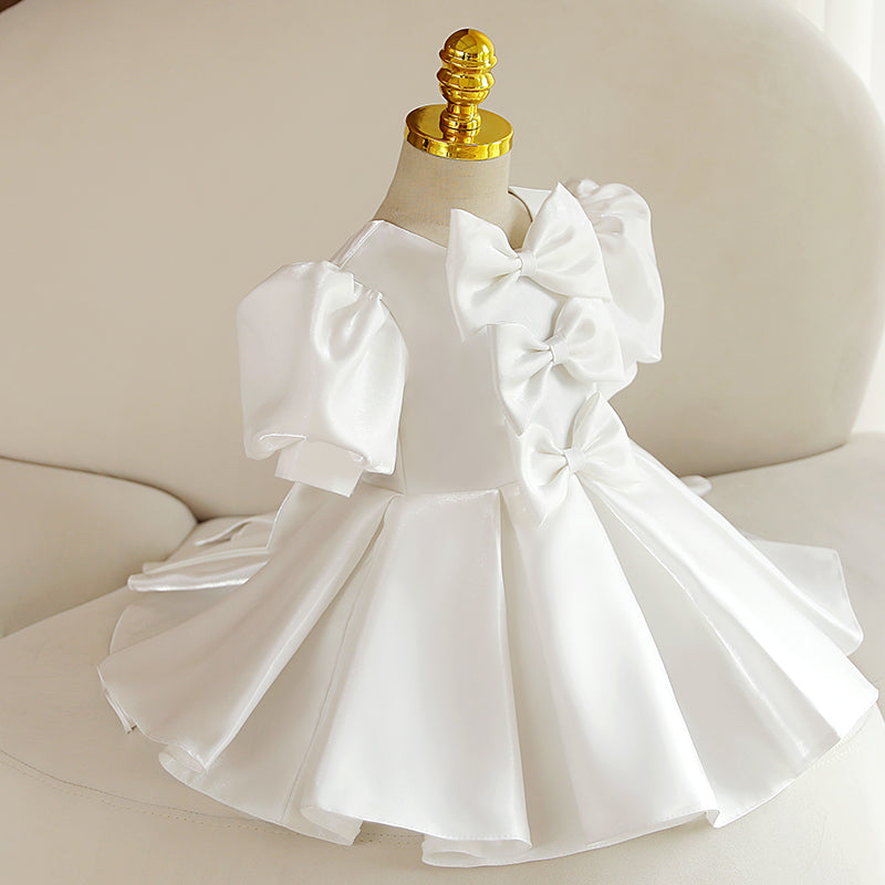 White Satin Princess Flower Girl Dress with Bow