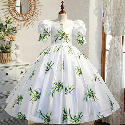 White Satin Princess Flower Girl Dress with Lantern Sleeves