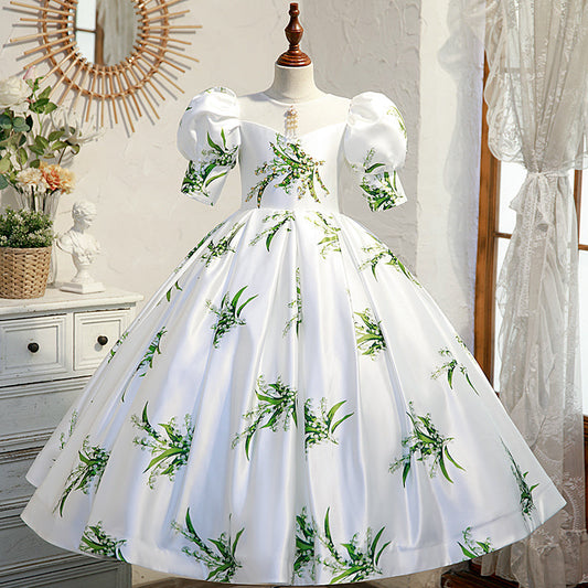 White Satin Princess Flower Girl Dress with Lantern Sleeves
