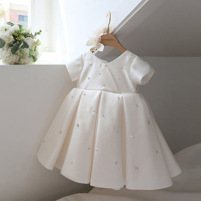 White Satin Princess Flower Girl Dress with Ruffle Detail
