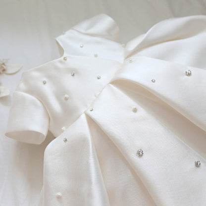 White Satin Princess Flower Girl Dress with Ruffle Detail