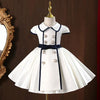 White Satin Princess Flower Girl Dress: Collared Cap Sleeve