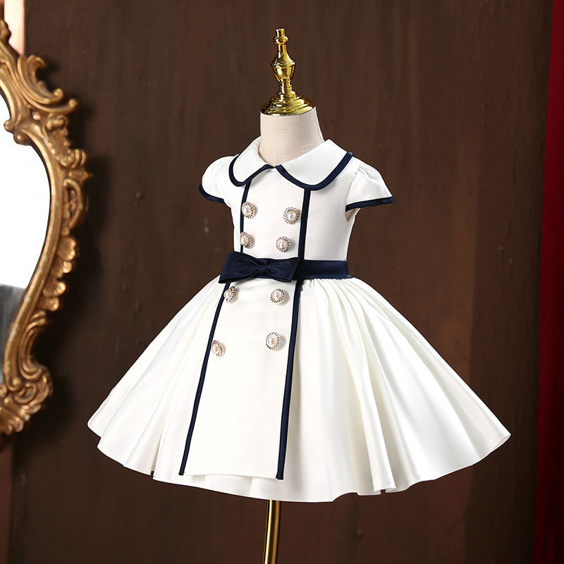 White Satin Princess Flower Girl Dress: Collared Cap Sleeve