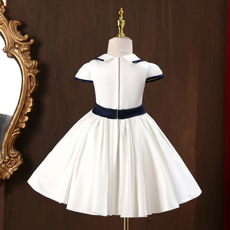 White Satin Princess Flower Girl Dress: Collared Cap Sleeve