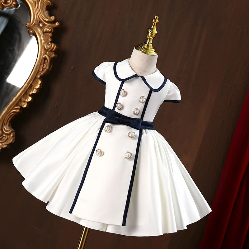 White Satin Princess Flower Girl Dress: Collared Cap Sleeve