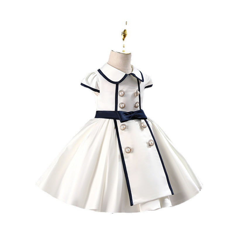 White Satin Princess Flower Girl Dress: Collared Cap Sleeve