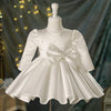 White Satin Princess Flower Girl Dress: Long Sleeve Bows