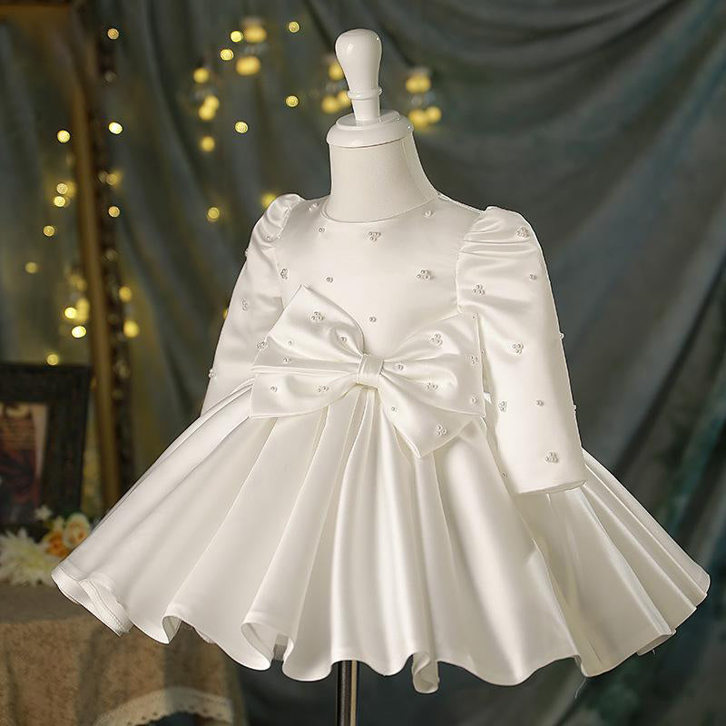 White Satin Princess Flower Girl Dress: Long Sleeve Bows