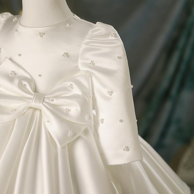 White Satin Princess Flower Girl Dress: Long Sleeve Bows