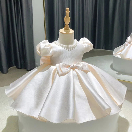 White Satin Princess Flower Girl Dress: Puff Sleeves & Bows