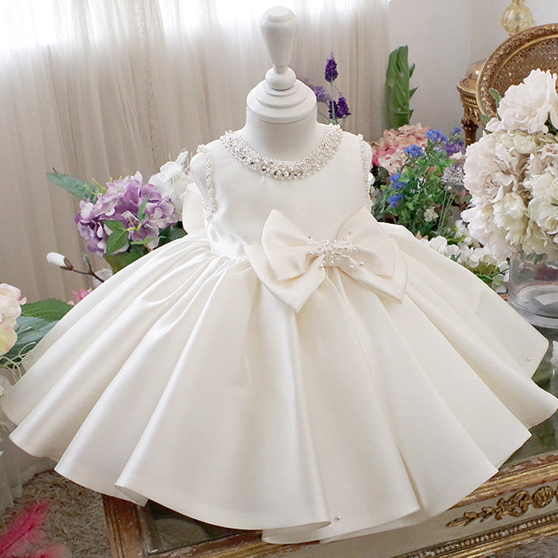 White Satin Princess Flower Girl Dress: Sleeveless Bows